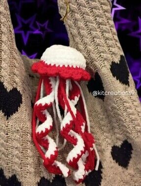 Handmade Crochet Jellyfish Bag Charm in Red & White